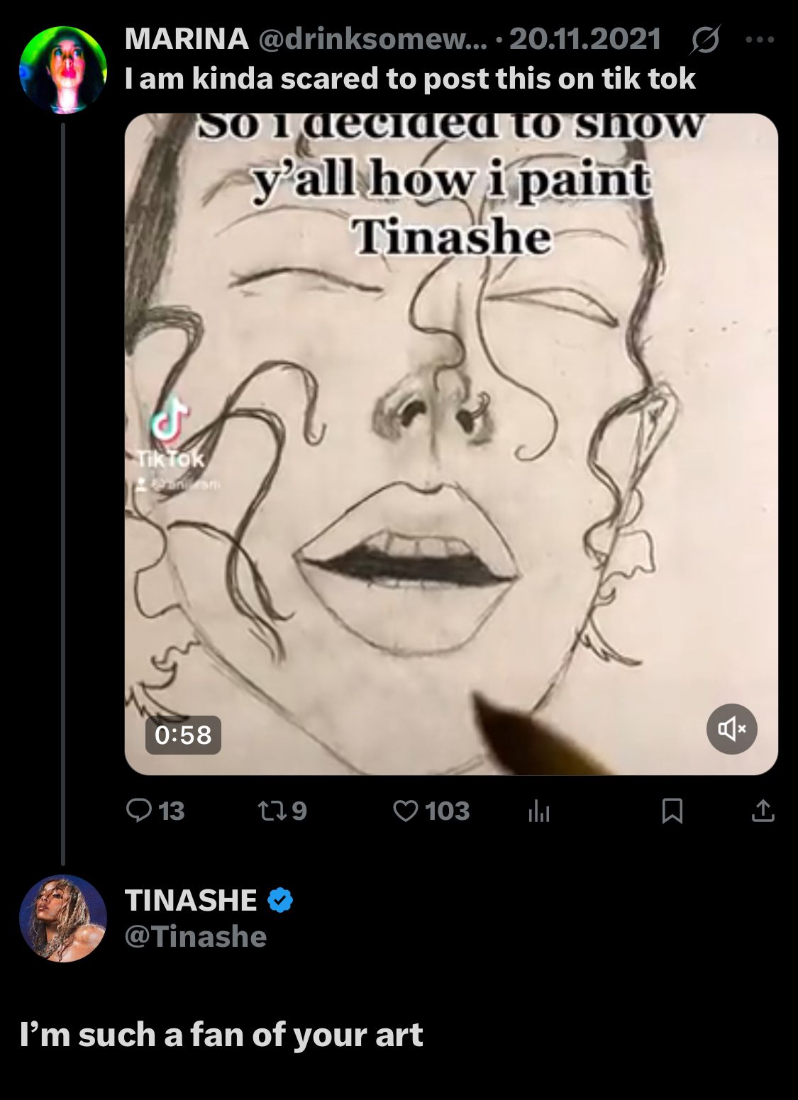 Tinashe supporting Marina's art