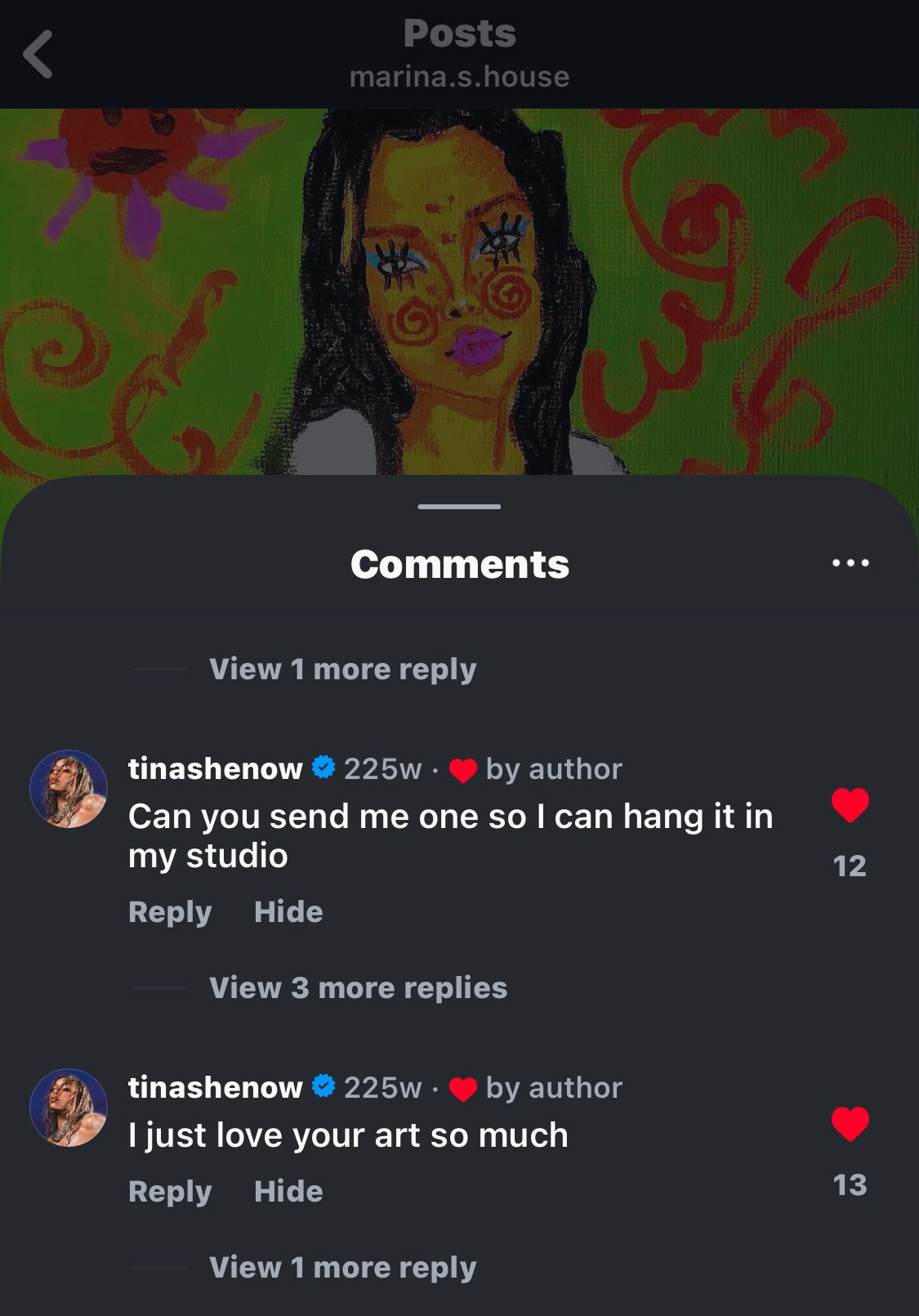 Tinashe supporting Marina's art