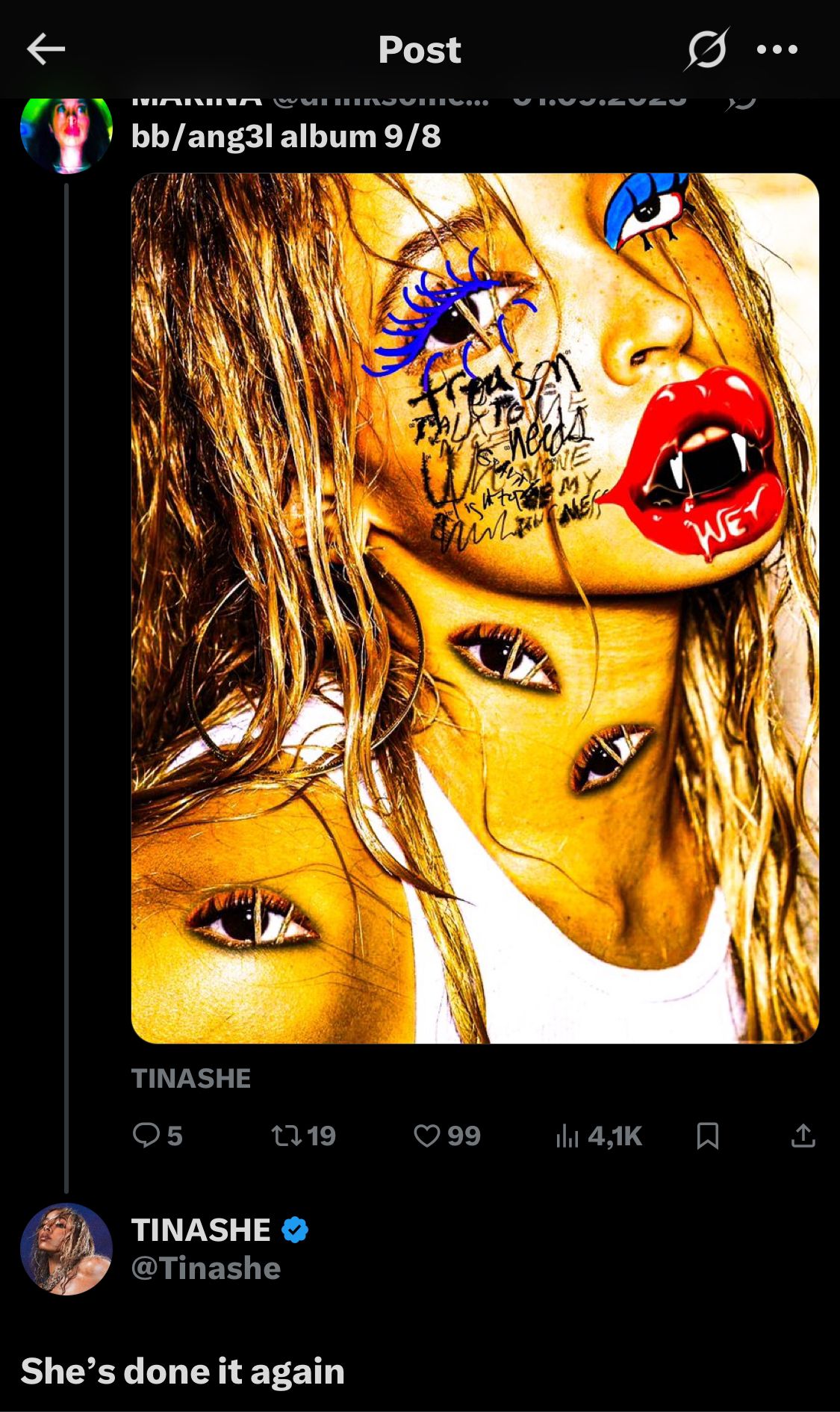 Tinashe supporting Marina's art